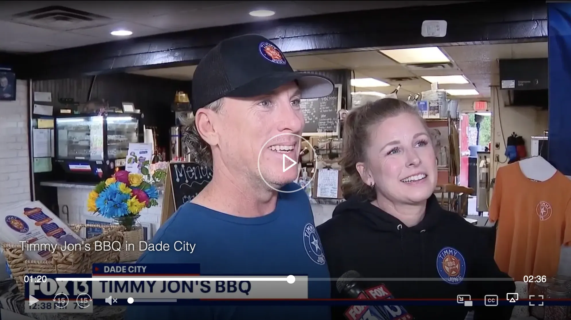 Timmy Jon’s BBQ owners being interviewed by FOX 13 News inside their Dade City restaurant