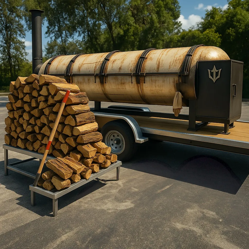 Lorie Darlin’ – the custom smoker at Timmy Jon’s BBQ in Dade City, FL, built by Double Barrel Smoker, shown with stacked wood for authentic Texas-style smoking.